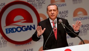 Turkey's Prime Minister and presidential candidate Tayyip Erdogan makes a speech during a meeting to launch his election campaign in Istanbul