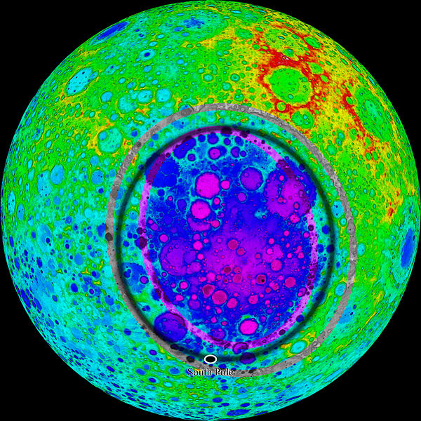 South Pole–Aitken basin on the far side of the moon. 1600 miles in diameter and one of the largest in the solar system.
